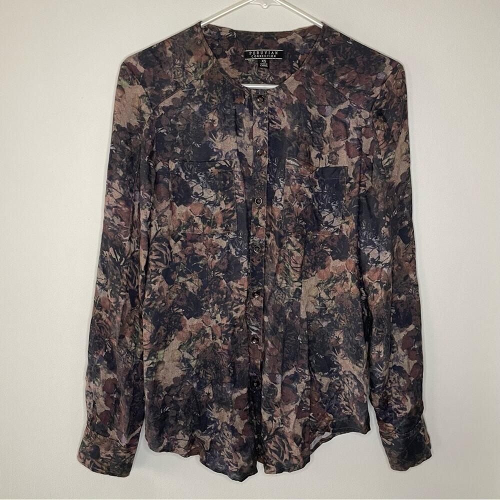 Peruvian Connection Collarless Button Down Shirt Size XS